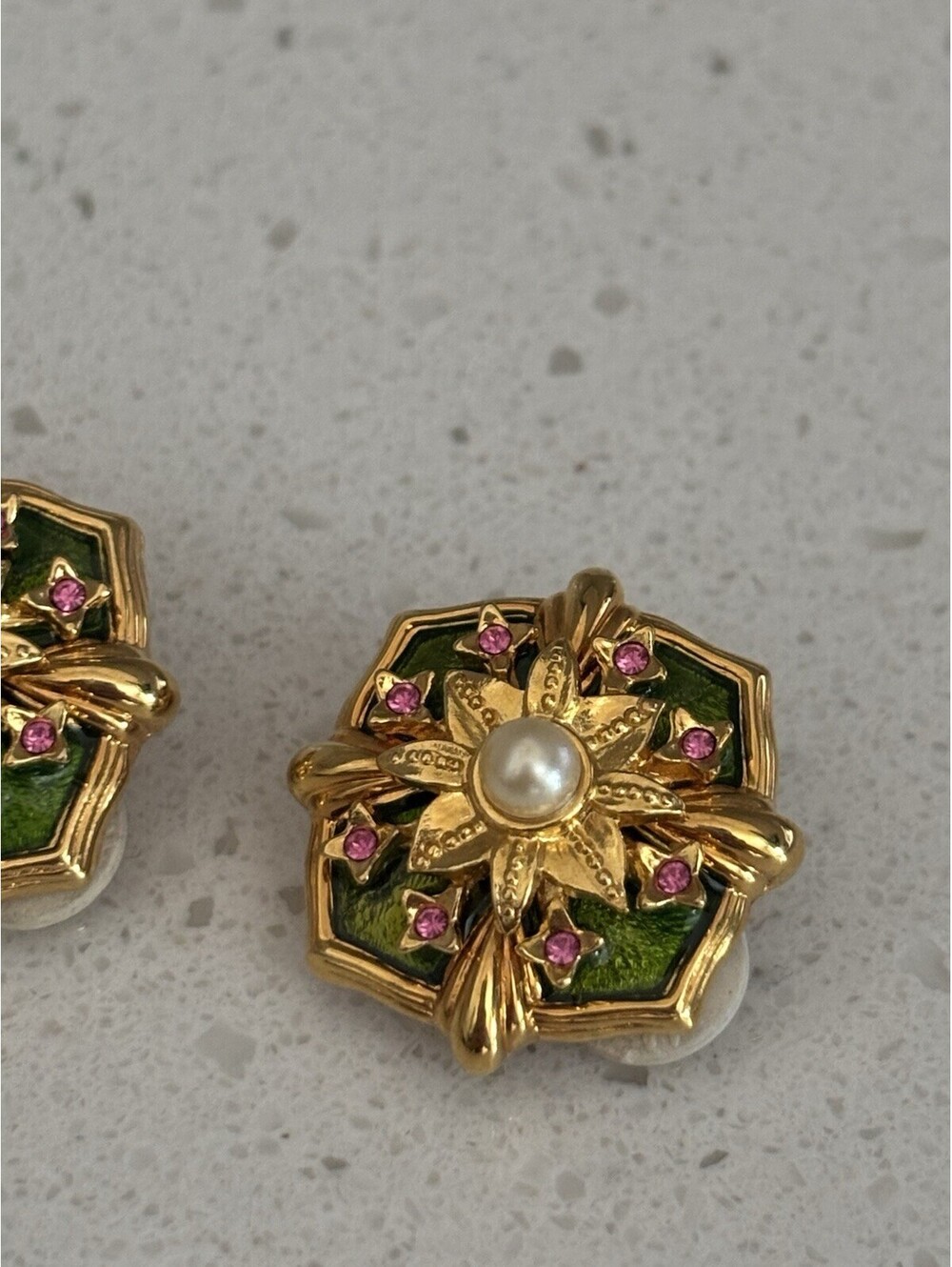 Joan Rivers Gold Tone Pink and Green Enamel floral clip on earrings